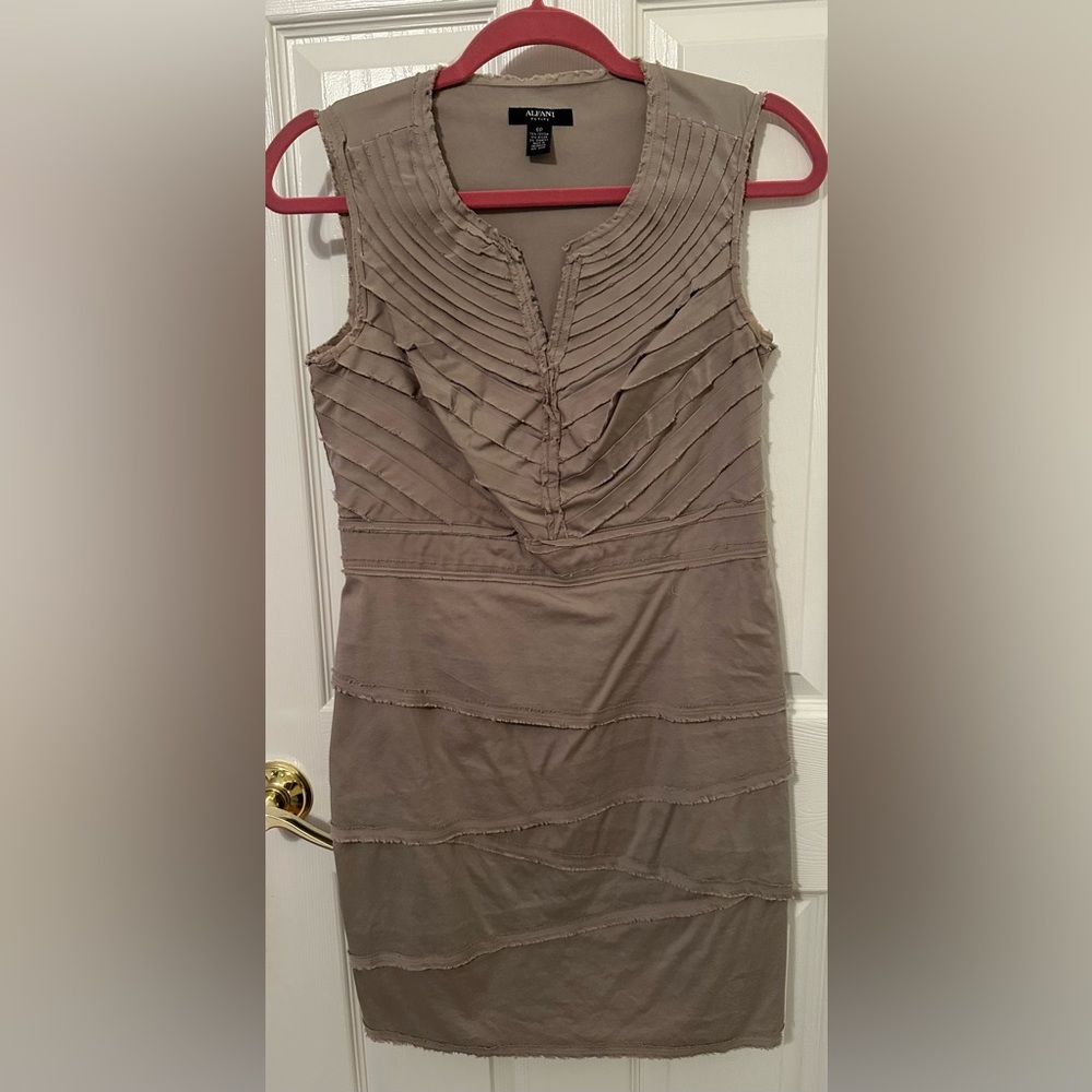 Alfani, modern, pleated-style, khaki-colored dress.  Size:  6 petite.
